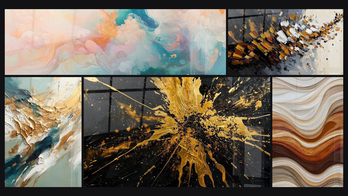 Mosaic of five paintings, including Cumulus Floating Pink, Dynamic explosion and Golden Flux and Reflux