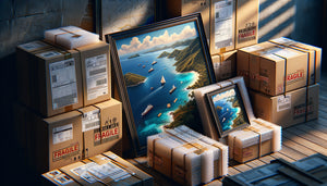 Tableaux muraux emballés professionnellement pour expédition vers la Martinique, Guadeloupe et Guyane, concept logistique DOM-TOM