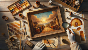 Examen d'expertise d'un tableau vintage anonyme avec loupe et outils d'authentification sur table d'atelier