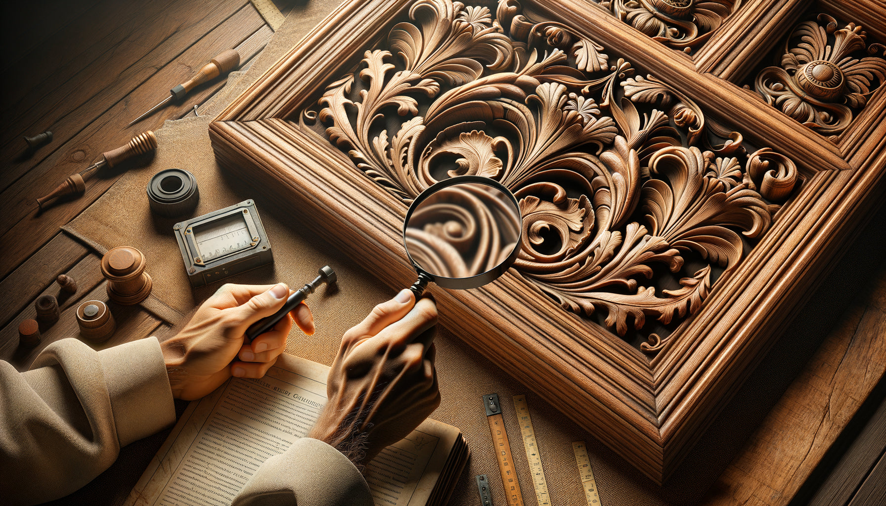 Expertise détaillée d'ornements sculptés sur boiserie ancienne de bibliothèque 18ème siècle avec loupe d'examen