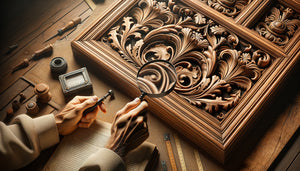 Expertise détaillée d'ornements sculptés sur boiserie ancienne de bibliothèque 18ème siècle avec loupe d'examen