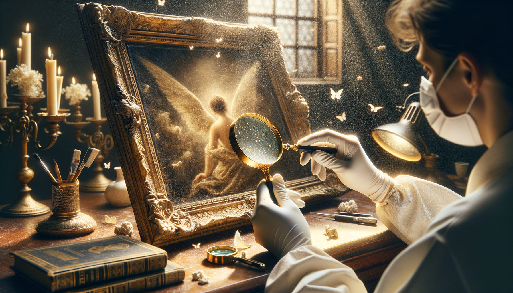 Expert examinant à la loupe un tableau ancien encadré avec des gants blancs, processus d'expertise d'œuvre vintage héritée