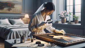 Expert en art examinant une œuvre précieuse à la loupe avant installation dans une chambre élégante