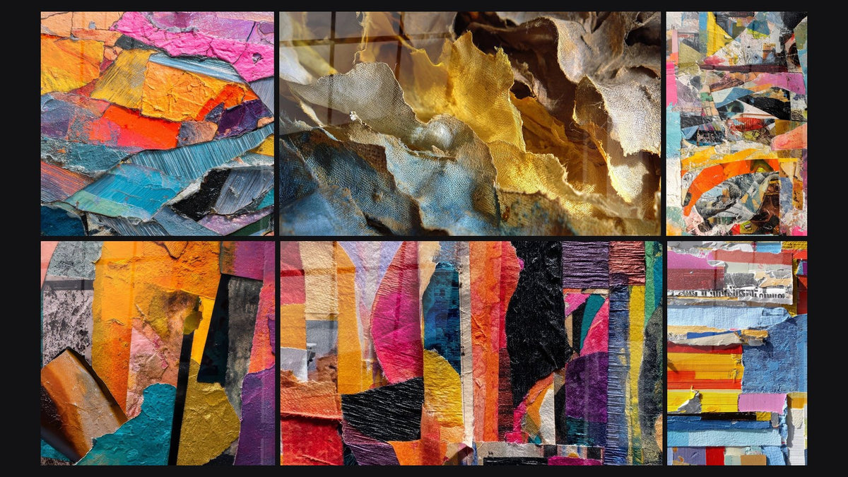 Mosaico di sei quadri, tra cui Frammenti di tavolo colorati astratti e Di tessuti strappati