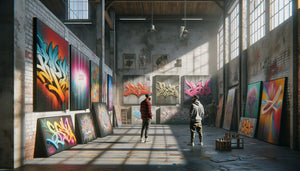 Exposition temporaire de street art contemporain dans un espace industriel, artiste échangeant avec visiteurs devant œuvres urbaines colorées