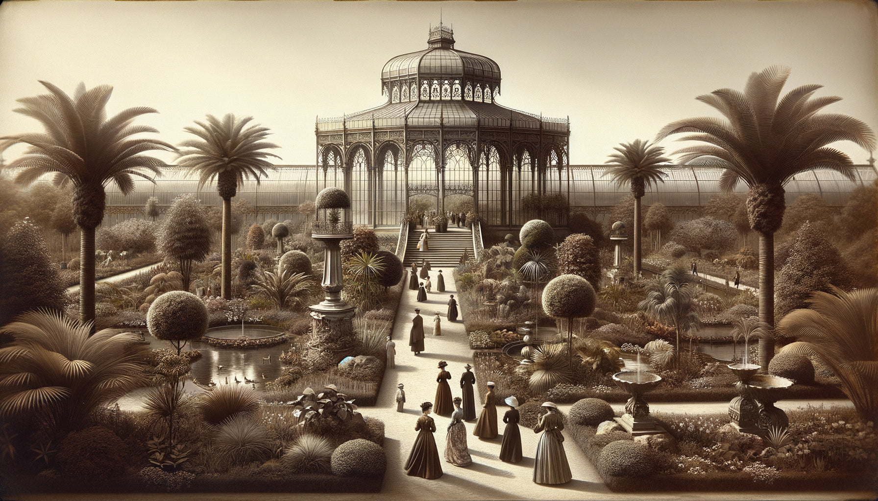 Jardin exotique d'exposition universelle du XIXe siècle avec visiteurs en costumes d'époque et pavillons victoriens