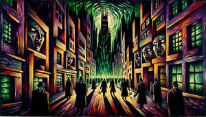 Peinture expressionniste allemande nocturne style Kirchner avec figures déformées, couleurs violentes et atmosphère angoissante typique des années 1910