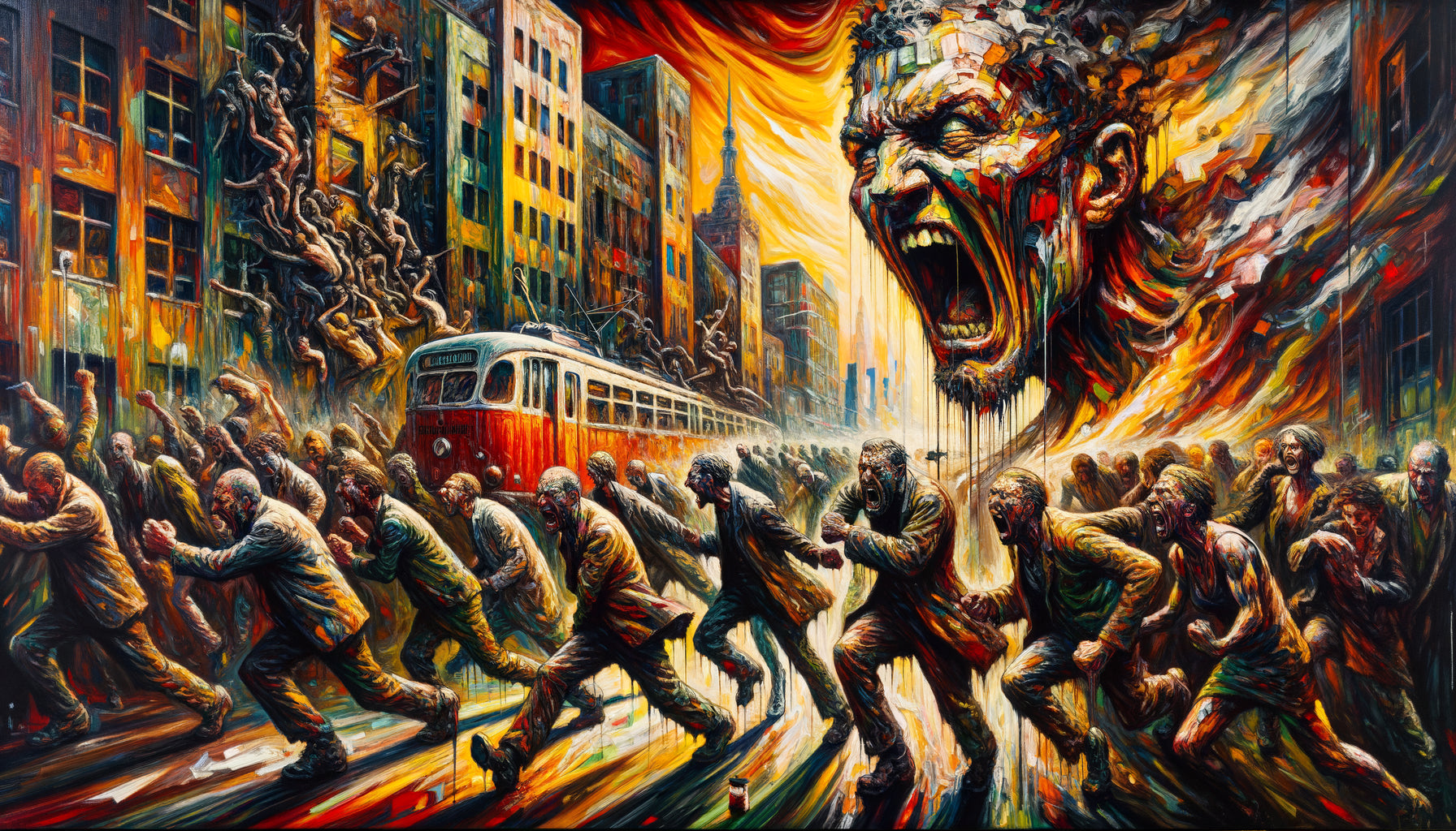 Peinture expressionniste allemande style Kirchner avec coups de pinceau violents et couleurs acides symbolisant la colère picturale