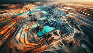 Photographie aérienne style Burtynsky d'une mine à ciel ouvert révélant motifs géométriques et eaux turquoise toxiques, paysage critique contemporain