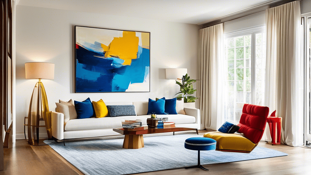 Modern living room with an abstract painting in blue and yellow above a white couch. Red and yellow chair adds a vibrant touch.