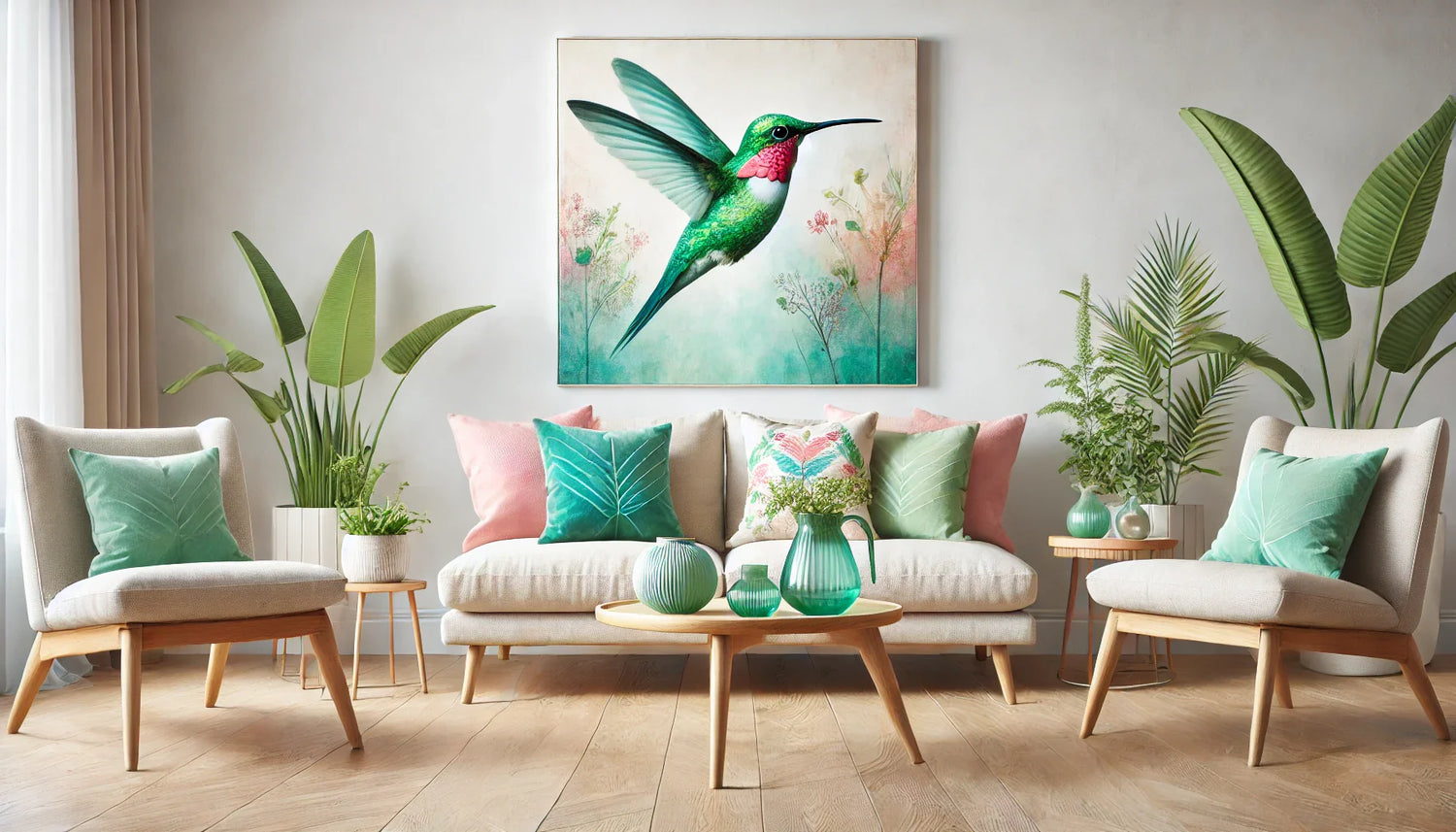 Une image mettant en scène un salon moderne avec des meubles en bois clair, des coussins décoratifs colorés (vert, turquoise, rose), et un tableau de colibri placé au centre d'un mur dégagé. L’ambiance générale de la pièce doit refléter un intérieur lumin