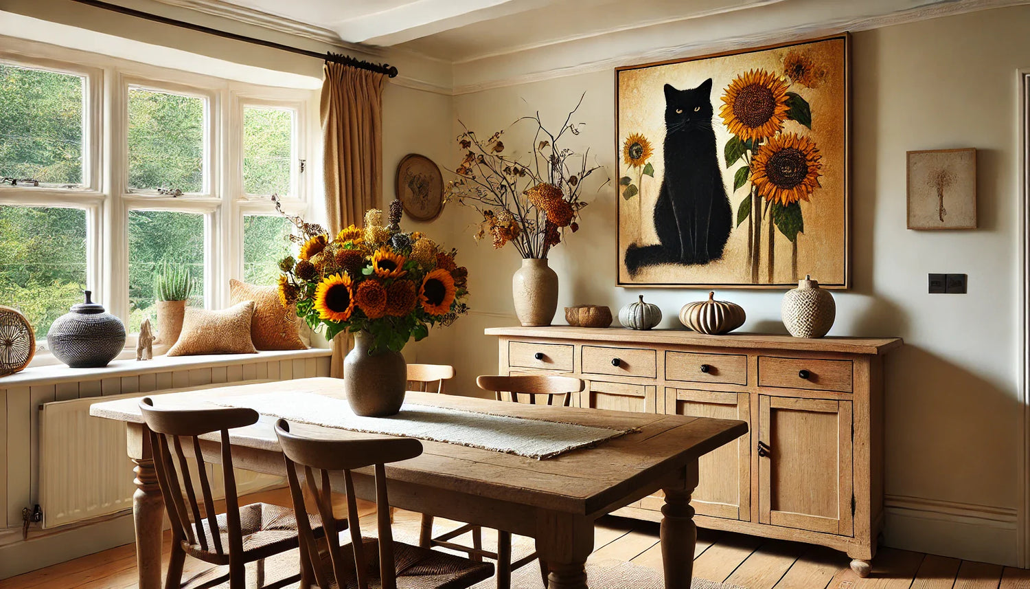 Tableau chat noir et bouquet de tournesols dans une salle à manger conviviale, décoration rustique et moderne avec des textiles beige et jaune, accentuant une ambiance chaleureuse et accueillante