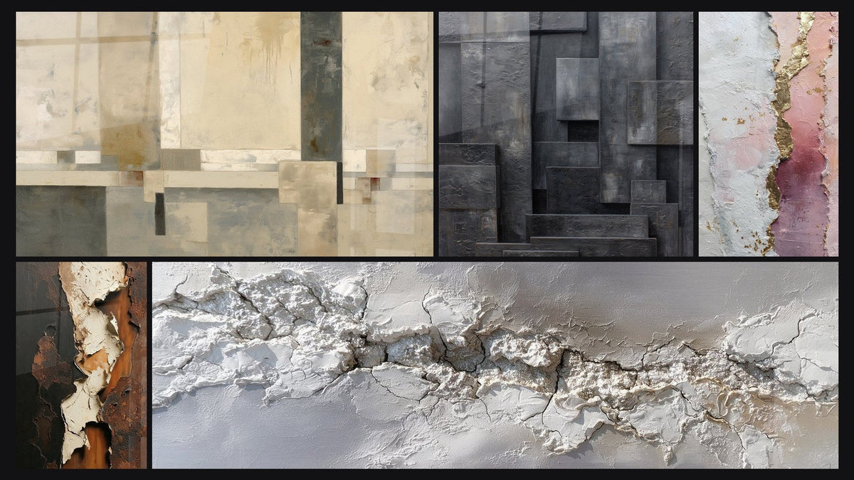Mosaic of five paintings, including Beige and Gray Geometric Composition