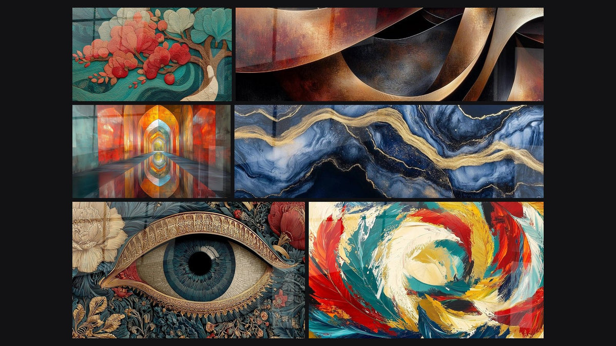 Mosaic of six paintings, including Orchid melody serpentine, Arched Iridescent Vermillion and Liquid Marble Eternity Blue
