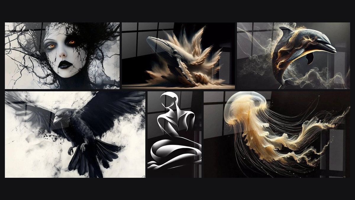Mosaic of six paintings, including Raven Wall Art N°1, Elise's Whale and Sculpted Mystery