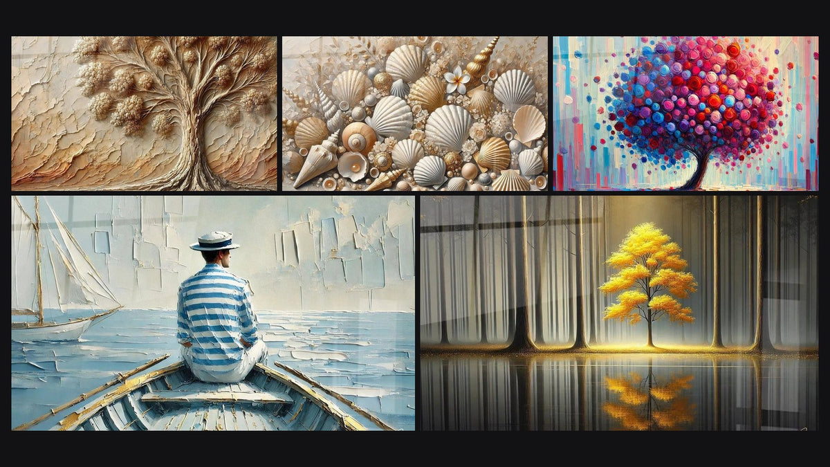 Mosaico di cinque quadri, tra cui Albero di Antan, L'Arte dell'Acqua e Gioielli della Sabbia