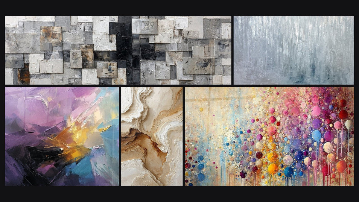 Mosaic of five paintings, including Abstract colorful explosion and Textured Abstract Wall Art Beige and Ochre