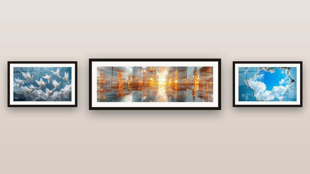 Gallery wall with three framed paintings, including Sky Celestial Window and Metropolis Copper Soul