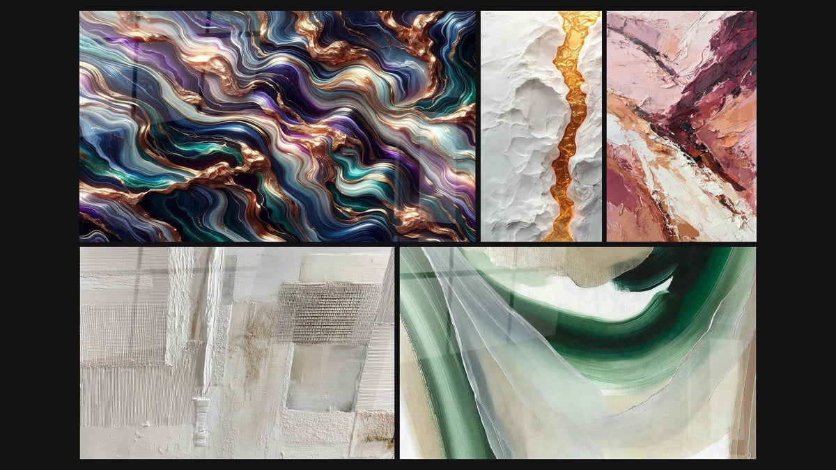 Mosaik aus fünf Gemälden, darunter Serenade Mineral und Emerald Silk