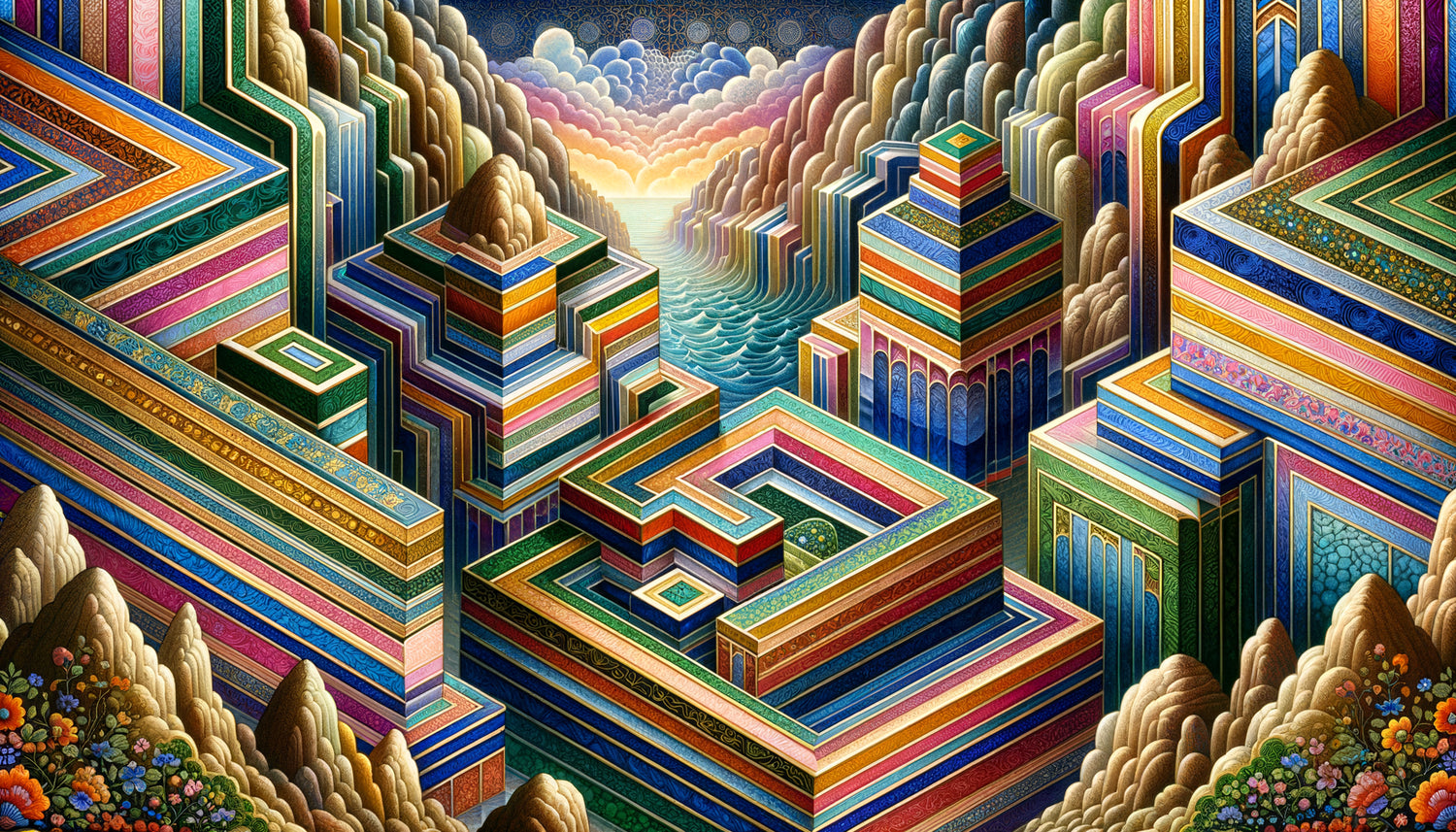 Falaise stylisée de miniature persane safavide avec strates multicolores géométriques et formes impossibles symbolisant la géométrie sacrée