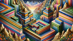 Falaise stylisée de miniature persane safavide avec strates multicolores géométriques et formes impossibles symbolisant la géométrie sacrée