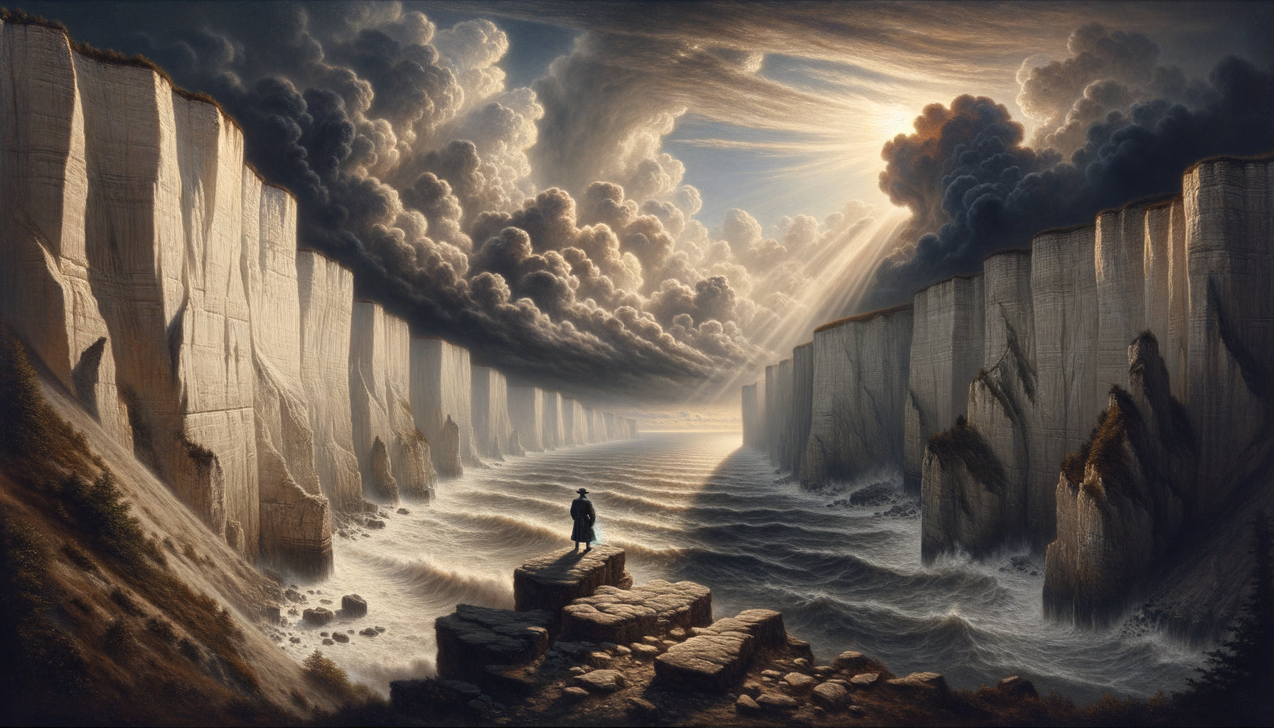Peinture romantique style Friedrich : figure solitaire contemplant des falaises vertigineuses sous un ciel orageux, sublime terrifiant