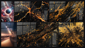 Mosaïque de six tableaux, dont Éclipse Céleste, Voie lactée N°1 et Fractures Dorées sur Fond Noir