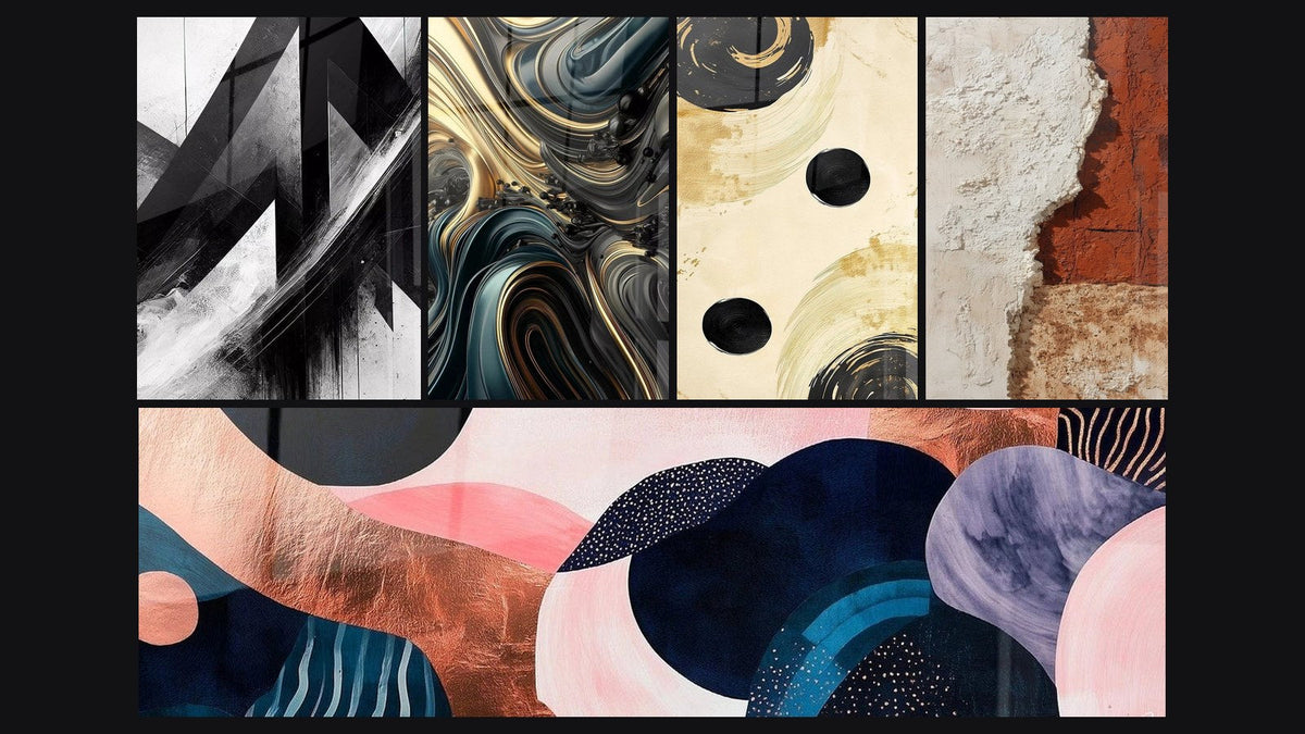Mosaico de cinco cuadros, entre ellos Trayectorias Fracturadas, Ondulaciones Opulentas y Equilibrio Esfera Negra