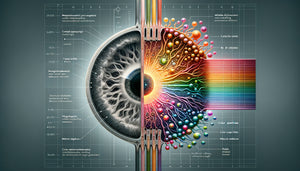 Illustration scientifique comparant la fatigue oculaire face au noir-blanc versus couleur, anatomie de l'œil et cellules photoréceptrices