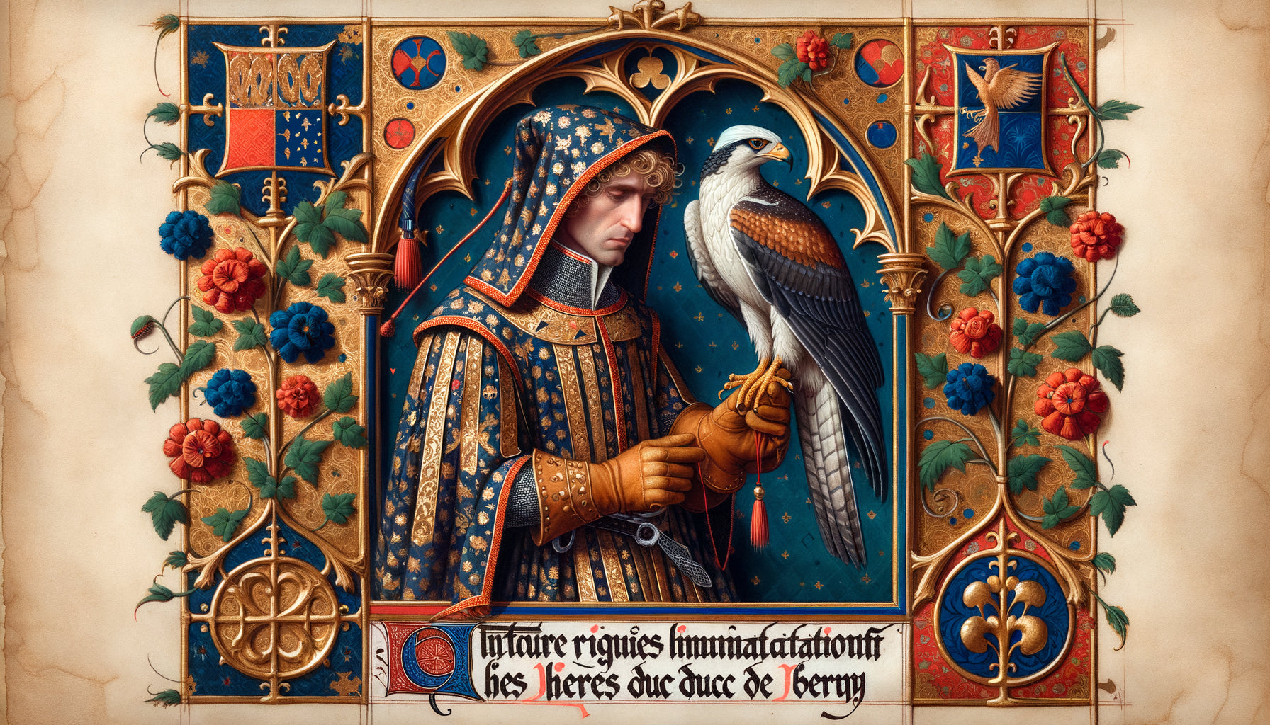 Enluminure médiévale du 14ème siècle représentant un noble tenant un faucon, symbolisant pouvoir royal et vertus chevaleresques