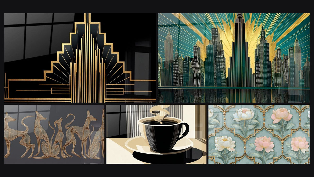 Mosaico di cinque quadri, tra cui Canini Stilizzati, Tavolozza Tazza di Caffè e Motivi floreali Art Déco