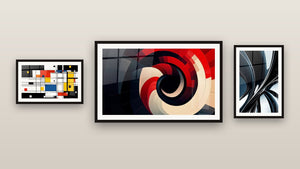 Gallery wall with three framed paintings: Red Geometric Spiral, Metallic chrome spiral and Colorful geometric composition
