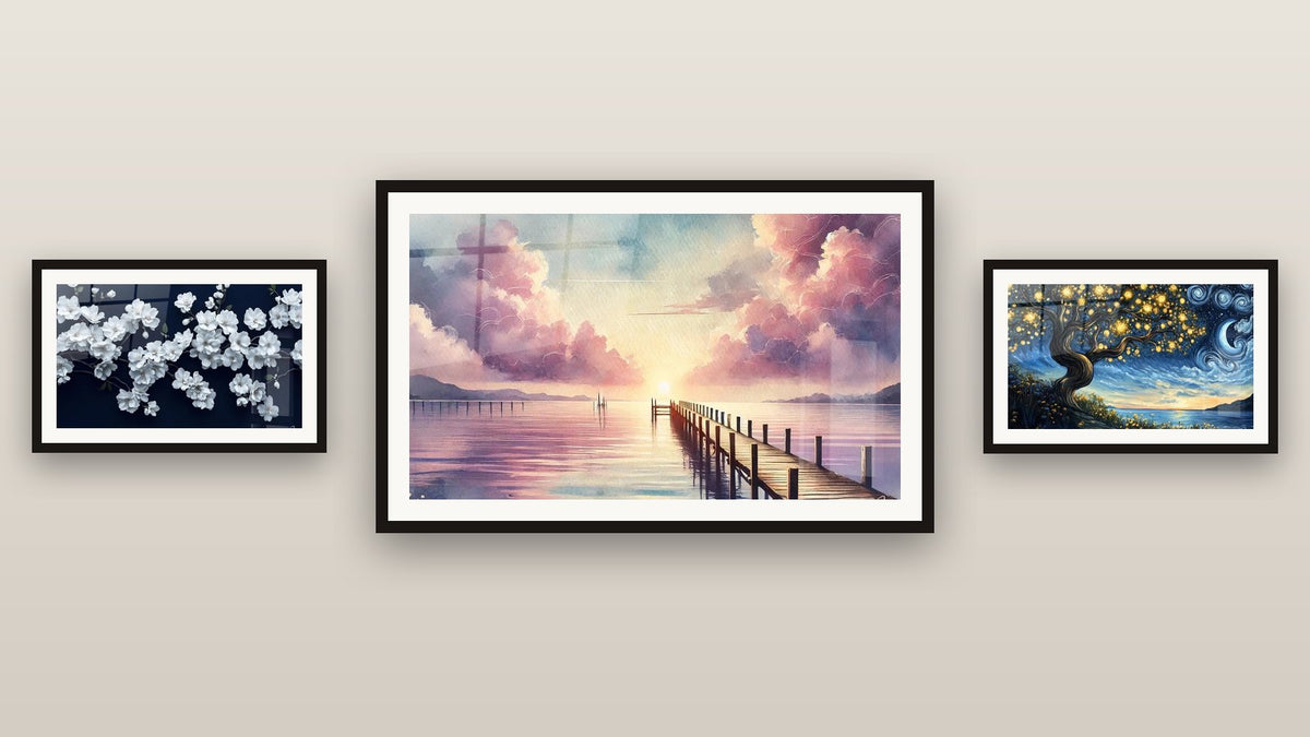 Gallery wall with three framed paintings, including Towards the Horizon and Cherry Blossom Wall Art No. 1