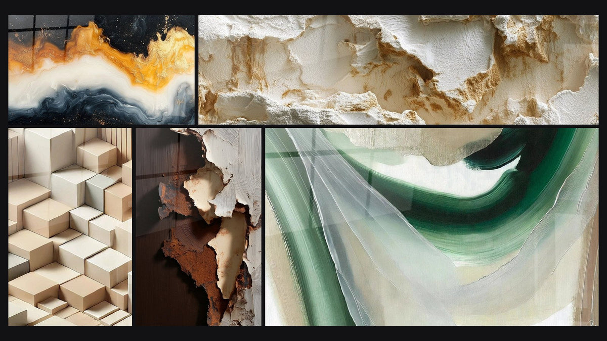 Mosaic of five paintings, including Eternal Golden Tide, Eroded White Texture with Sculpted Reliefs and Minimalism Sculpted