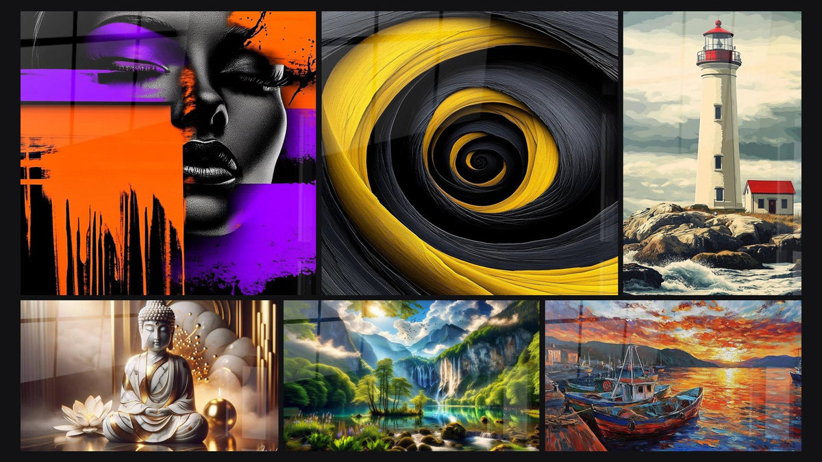Mosaico di sei quadri, tra cui Donna moderna colorato, A spirale dorato e nero e Pace Marmorizzata