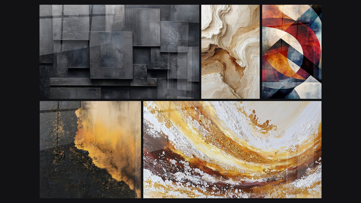 Mozaïek van vijf schilderijen, waaronder Abstract geometrisch grijs kolen zwart en Tafel ronde geometrische vormen