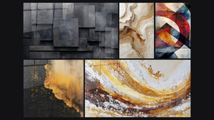 Mosaico de cinco cuadros, entre ellos Abstracto Texturizado Beige y Ocre y Formas geométricas circulares