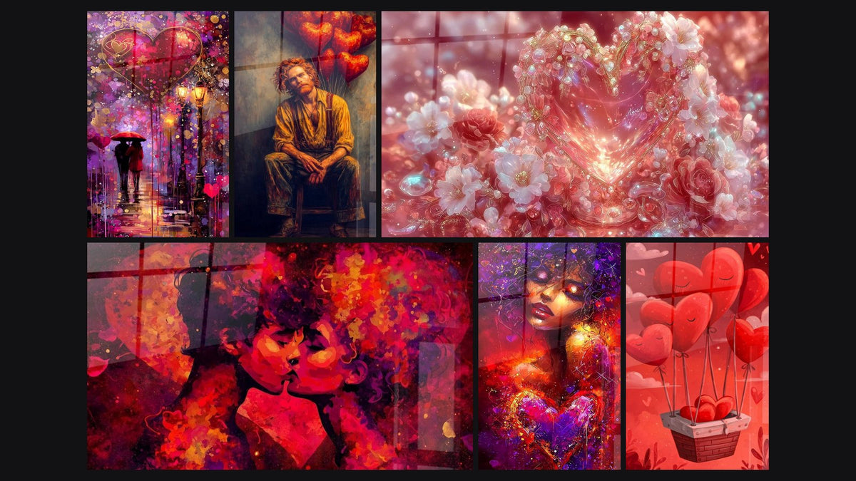 Mosaico di sei quadri, tra cui Uomo palloni cuore Messaggero del Cuore, Coppia Bacio Passionale e Volto Stelle del Cuore