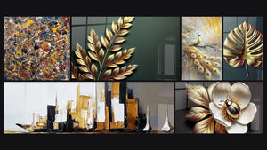 Mosaico de seis cuadros, entre ellos Explosión de colores, Ciudad moderna abstracta y Hojas de Oro