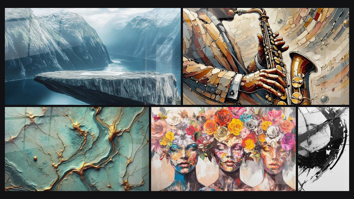 Mosaic of five paintings, including Golden Rivers, The Blooming Muses and The Break in Time