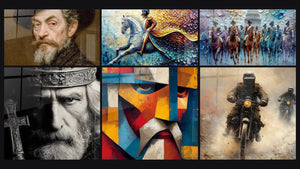 Mosaic of six paintings, including Master Thinker Portrait, Silver Beard King and Steel motorcycle cavaliers