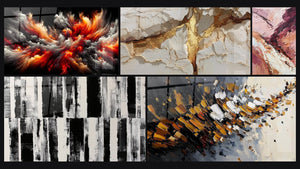 Mosaico de cinco cuadros, entre ellos Tormenta Solar Abisal y Explosión dinámica