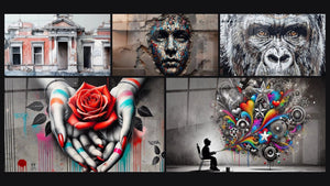 Mosaic of five paintings, including Deteriorated Facade, Resilience Face and Street art wall art No. 8