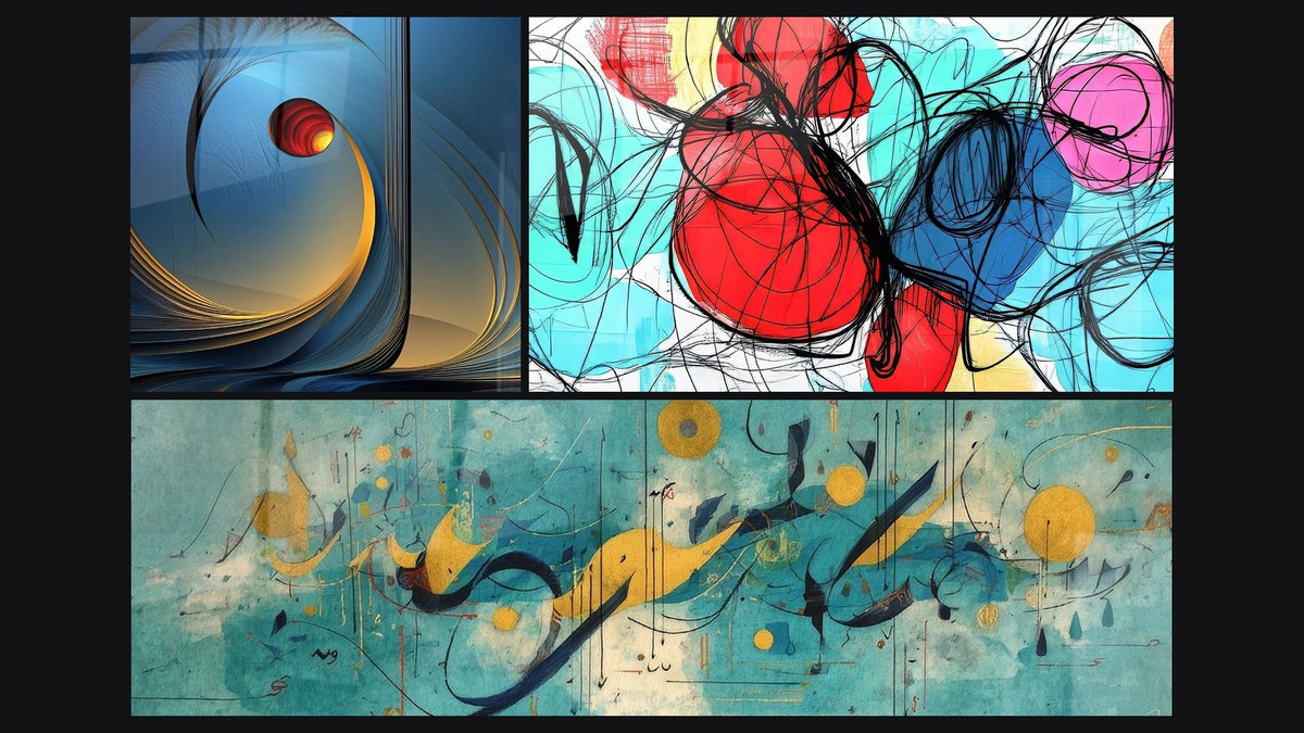 Mozaïek van drie schilderijen: Cosmische spiraalvormige afbeelding, Abstracte compositie en Abstract kleurrijk