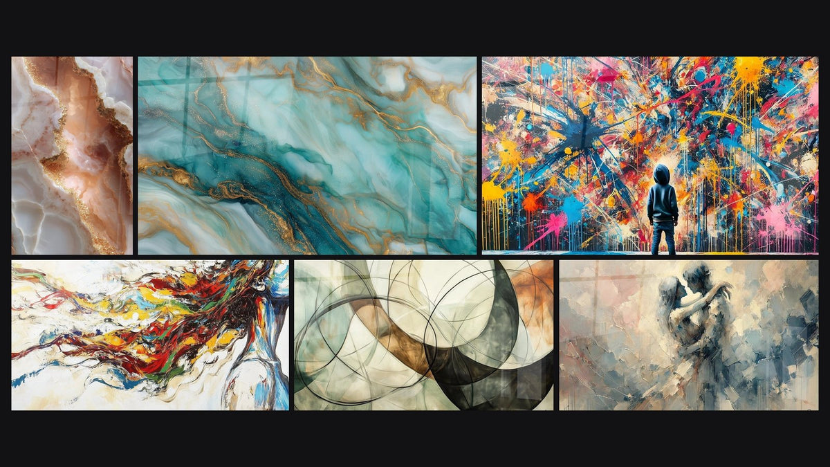Mosaico di sei quadri, tra cui Muse Moderna, I Legami Invisibili e Schizzi di Pittura