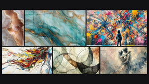 Mosaico de seis cuadros, entre ellos Musa Moderna, Los Lazos Invisibles y Explosiones
