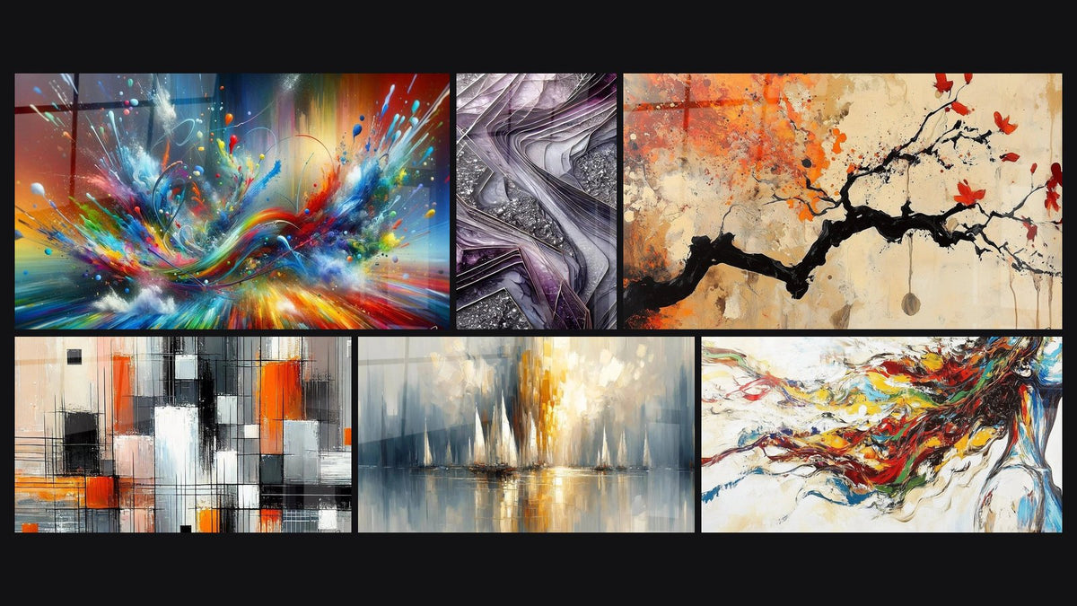Mosaic of six paintings, including Big Bang Artistic Dazzling, Quartz Blades and Mechanics of Colors