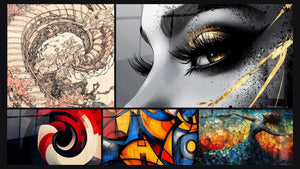 Mosaico de cinco cuadros, entre ellos Espiral cósmica floral, Espiral geométrica roja y Formas geométricas coloridas