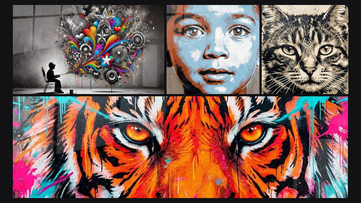 Mosaico di quattro quadri, tra cui Lo Spirito Urbano e Gatto con sguardo penetrante beige e nero