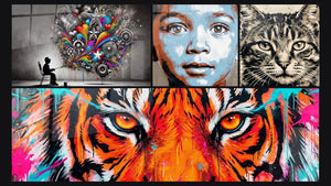 Mosaic of four paintings, including The Urban Spirit